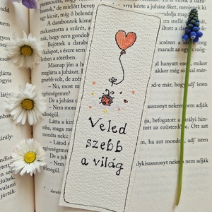 Akvarell könyvjelző - Veled szebb a világ felirattal, katicával, szív alakú lufival - Meska.hu
