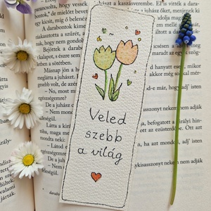 Akvarell könyvjelző - Veled szebb a világ felirattal, két tulipánnal - Meska.hu