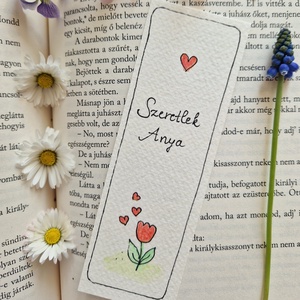 Anyák napi akvarell könyvjelző - Szeretlek Anya felirattal, piros tulipánnal, szív motívumokkal - Meska.hu