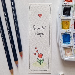 Anyák napi akvarell könyvjelző - Szeretlek Anya felirattal, piros tulipánnal, szív motívumokkal - könyv & zene - könyvjelző - Meska.hu
