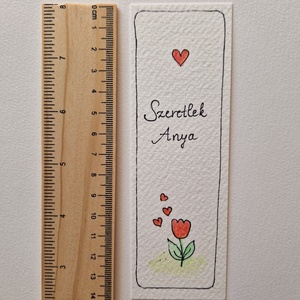 Anyák napi akvarell könyvjelző - Szeretlek Anya felirattal, piros tulipánnal, szív motívumokkal - könyv & zene - könyvjelző - Meska.hu