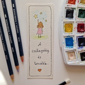 Akvarell könyvjelző - A csillagokig és tovább felirattal, lány, csillag motívummal - könyv & zene - könyvjelző - Meska.hu