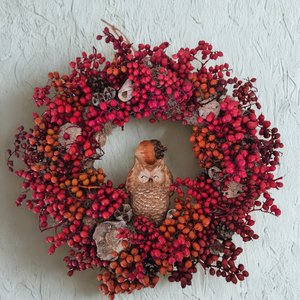 Őszi baglyos ajtódísz  természetes, bogyós koszorú - Meska.hu