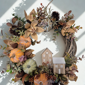 Őszi ajtódísz tökökkel és házikóval � természetes ajtódísz - otthon & életmód - dekoráció - ajtó- és ablak dekoráció - ajtódísz & kopogtató - Meska.hu