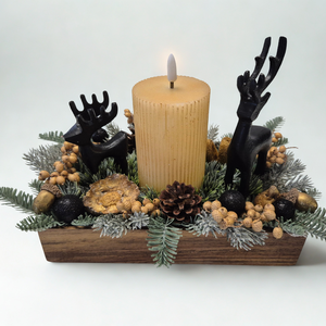 Fekete-arany téli szarvas asztaldísz � természetes, kézműves karácsonyi dekoráció led gyertyával - karácsony - adventi díszek - adventi asztaldísz - Meska.hu