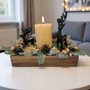 Fekete-arany téli szarvas asztaldísz � természetes, kézműves karácsonyi dekoráció led gyertyával - karácsony - adventi díszek - adventi asztaldísz - Meska.hu