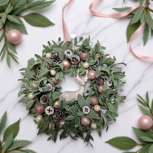 Szarvasos ajtódísz � elegáns rózsaszín téli kopogtató, 30 cm - Meska.hu