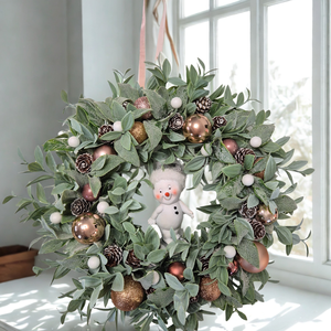 Hamvas téli kézműves ajtódísz hóemberrel rose gold pezsgő színek - karácsony - adventi díszek - adventi ajtódísz - Meska.hu