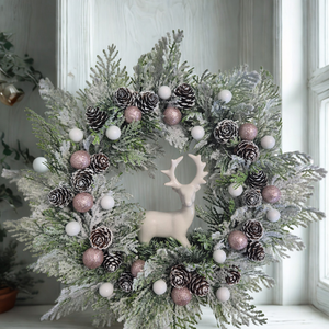 Kézműves havas karácsonyi koszorú, porcelán szarvassal (34 cm), Karácsony, Adventi díszek, Adventi ajtódísz, , MESKA