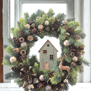 Kézzel készített bronz�arany karácsonyi koszorú házikóval és szarvassal - Meska.hu