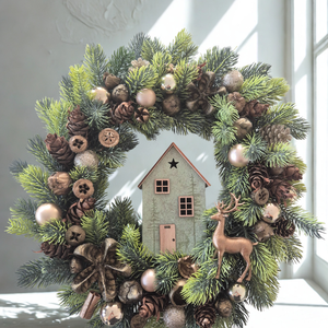 Kézzel készített bronz�arany karácsonyi koszorú házikóval és szarvassal - karácsony - adventi díszek - adventi ajtódísz - Meska.hu