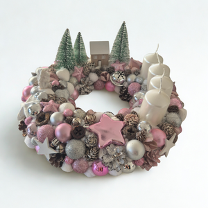 Elegáns rózsaszín-ezüst adventi koszorú � részletgazdag, kézműves szépség - karácsony - adventi díszek - adventi koszorú - Meska.hu