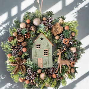 Kézzel készített bronzarany karácsonyi koszorú házikóval és szarvassal - karácsony - adventi díszek - adventi ajtódísz - Meska.hu