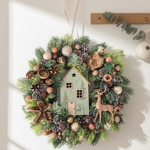Kézzel készített bronzarany karácsonyi koszorú házikóval és szarvassal, Karácsony, Adventi díszek, Adventi ajtódísz, , MESKA