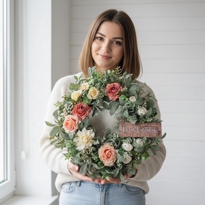 Virágos elegáns koszorú � virágos ajtódekoráció, romantikus színvilág - Már vártalak felirat - otthon & életmód - dekoráció - ajtó- és ablak dekoráció - ajtódísz & kopogtató - Meska.hu