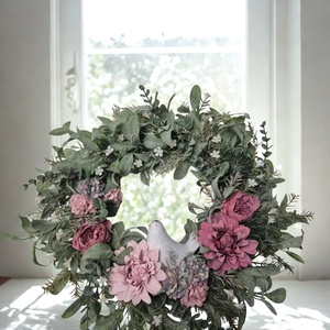 Lila virágos ajtódísz kismadárral, Otthon & Életmód, Dekoráció, Ajtó- és ablak dekoráció, Ajtódísz & Kopogtató, , MESKA