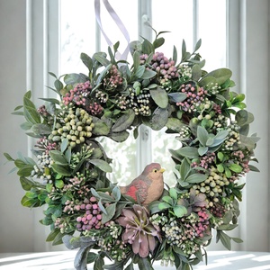 Bogyós tavaszi koszorú - kismadárral, természetes hatású , Otthon & Életmód, Dekoráció, Ajtó- és ablak dekoráció, Ajtódísz & Kopogtató, , MESKA