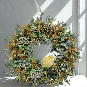 Bogyós tavaszi koszorú - kismadárral, természetes hatású  - Meska.hu