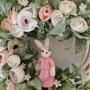 Virágos tavaszi koszorú - nyuszival, természetes hatású  - otthon & életmód - dekoráció - ajtó- és ablak dekoráció - ajtódísz & kopogtató - Meska.hu