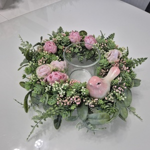 Tavaszi virágos asztaldísz- üveg mécsestartóval, természetes hatású, Otthon & Életmód, Dekoráció, Asztal és polc dekoráció, Asztaldísz, , MESKA