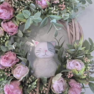 Rózsaszín virágos elegáns ajtódísz � virágos dekoráció, cicával - otthon & életmód - dekoráció - ajtó- és ablak dekoráció - ajtódísz & kopogtató - Meska.hu