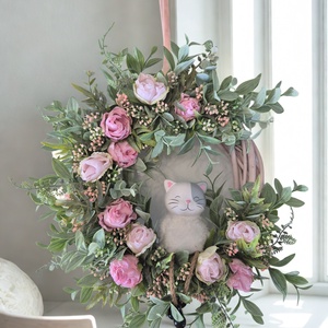 Rózsaszín virágos elegáns ajtódísz � virágos dekoráció, cicával - Meska.hu