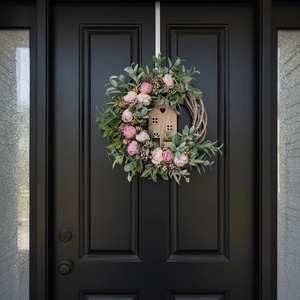 Virágos tavaszi koszorú házikóval- természetes hatású, élethű virágokkal - otthon & életmód - dekoráció - ajtó- és ablak dekoráció - ajtódísz & kopogtató - Meska.hu