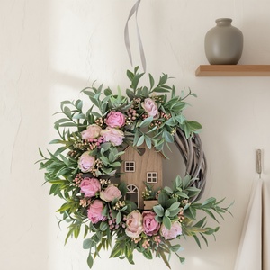 Virágos tavaszi koszorú házikóval- természetes hatású, élethű virágokkal, Otthon & Életmód, Dekoráció, Ajtó- és ablak dekoráció, Ajtódísz & Kopogtató, , MESKA