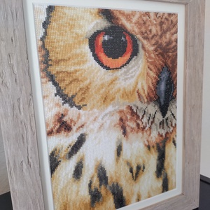 Ragyogó szemű bagoly, Művészet, Textilkép, Keresztszemes, Hímzés, MESKA