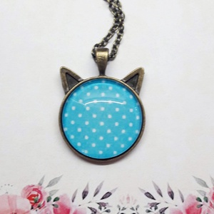 Pötyi cat - kék fehér pöttyös üveglencsés nyaklánc - ékszer - nyaklánc - medálos nyaklánc - Meska.hu