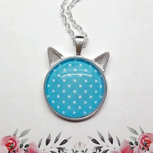 Pötyi cat - kék fehér pöttyös üveglencsés nyaklánc, Ékszer, Nyaklánc, Medálos nyaklánc, Ékszerkészítés, MESKA