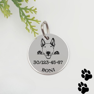 Bull terrier kutyabiléta saját kutyád nevével, telefonszámmal, Otthon & Életmód, Kisállatoknak, Kutyáknak, Kutya biléta, Gravírozás, pirográfia, MESKA