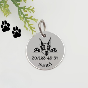 Dobermann kutyabiléta saját kutyád nevével, telefonszámmal, Otthon & Életmód, Kisállatoknak, Kutyáknak, Kutya biléta, Gravírozás, pirográfia, MESKA