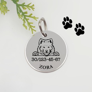 Szamojéd kutyabiléta saját kutyád nevével, telefonszámmal, Otthon & Életmód, Kisállatoknak, Kutyáknak, Kutya biléta, Gravírozás, pirográfia, MESKA