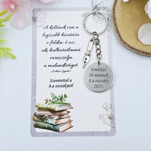Ajándék magyartanároknak ballagásra, pedagógusnapra, tanév végére - Gravírozott ballagási kulcstartó ajándékkártyán, Táska & Tok, Kulcstartó & Táskadísz, Kulcstartó, Gravírozás, pirográfia, MESKA