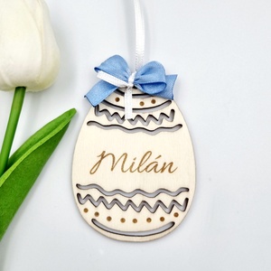 Gravírozott fa húsvéti tojás egyedi névvel. Húsvéti ajándék gyerekeknek., Ünnepi díszek, dekorációk, Húsvéti díszek és dekorációk, Húsvéti tojás, hímestojás, Gravírozás, pirográfia, MESKA