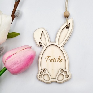 Gravírozott fa húsvéti nyuszi egyedi névvel. Húsvéti ajándék gyerekeknek., Ünnepi díszek, dekorációk, Húsvéti díszek és dekorációk, Húsvéti tojásfadíszek, Gravírozás, pirográfia, MESKA