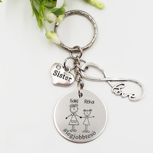Lánytestvérnek ajándék - testvér kulcstartó grafikával, egyedi névvel, felirattal, Táska & Tok, Kulcstartó & Táskadísz, Kulcstartó, Gravírozás, pirográfia, MESKA