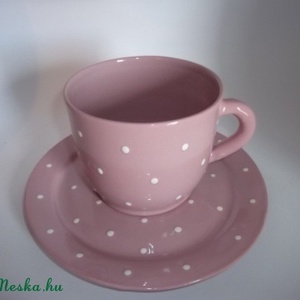 Rózsaszín-fehér pöttyös bögre tányérral és kiskanállal -  - Meska.hu