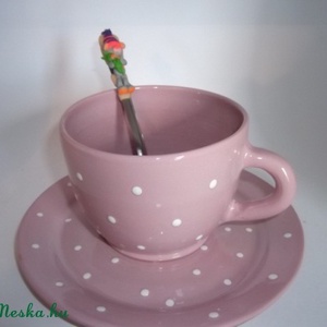 Rózsaszín-fehér pöttyös bögre tányérral és kiskanállal -  - Meska.hu