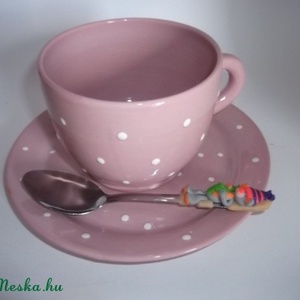 Rózsaszín-fehér pöttyös bögre tányérral és kiskanállal -  - Meska.hu