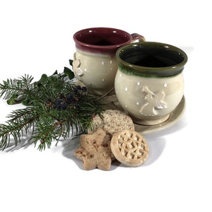 Angyal-mintás bögre pár, kávéhoz tálcán, süti kínálóval - Meska.hu