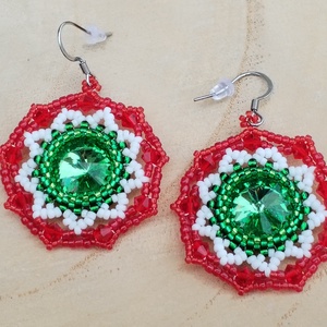 Nemzeti színű fülbevaló, trikolór kör fülbevaló, kokárda fülön függő, Ékszer, Fülbevaló, Lógó fülbevaló, Gyöngyfűzés, gyöngyhímzés, MESKA