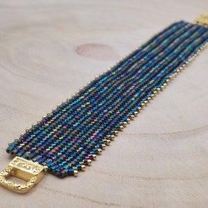 Irizáló kék - arany herringbone karkötő - ékszer - karkötő - széles karkötő - Meska.hu