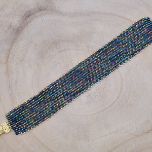 Irizáló kék - arany herringbone karkötő - ékszer - karkötő - széles karkötő - Meska.hu