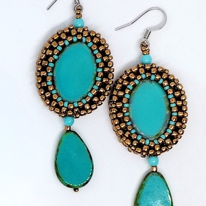 Bronz-türkiz fülbevaló , Ékszer, Fülbevaló, Lógó fülbevaló, Gyöngyfűzés, gyöngyhímzés, MESKA