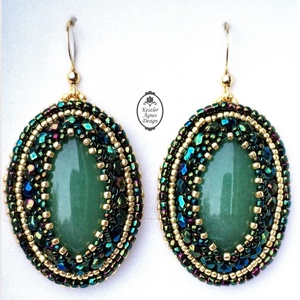 Ízisz szárnyai, Ovális aventurin egyiptomi stílusú hímzett fülbevaló , Ékszer, Fülbevaló, Lógó fülbevaló, Gyöngyfűzés, gyöngyhímzés, Ékszerkészítés, MESKA