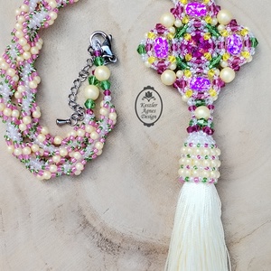 Rózsaszín-zöld kristályos, gyöngyfűzött bojtos nyaklánc � elegáns statement ékszer - Meska.hu