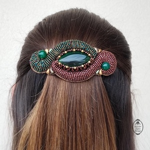 Zöld-bronz pufi francia csat, gyöngyhímzett hajdísz , Ruha & Divat, Hajdísz & Hajcsat, Hajcsat & Hajtű, Gyöngyfűzés, gyöngyhímzés, MESKA