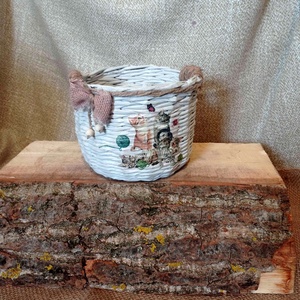 Cicák és gombolyag-papírfonott tárolókosár, Otthon & Életmód, Tárolás & Rendszerezés, Tárolókosár, Fonás (csuhé, gyékény, stb.), Decoupage, transzfer és szalvétatechnika, MESKA